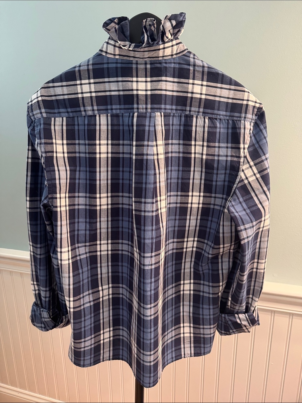 Reimagined Navy Plaid Button-Up Blouse with Ruffled Collar.NWT - Picture 2 of 10